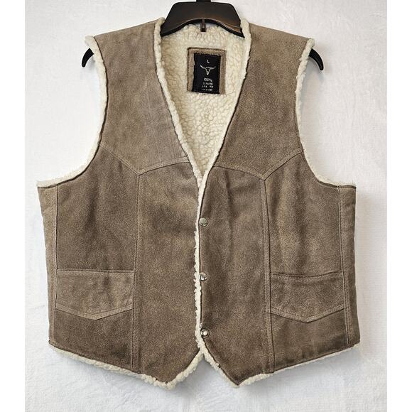 Other - Vtg Suede Leather Vest Sherpa Lined Made Mexico Western Hippie Cowboy 70s 80s L